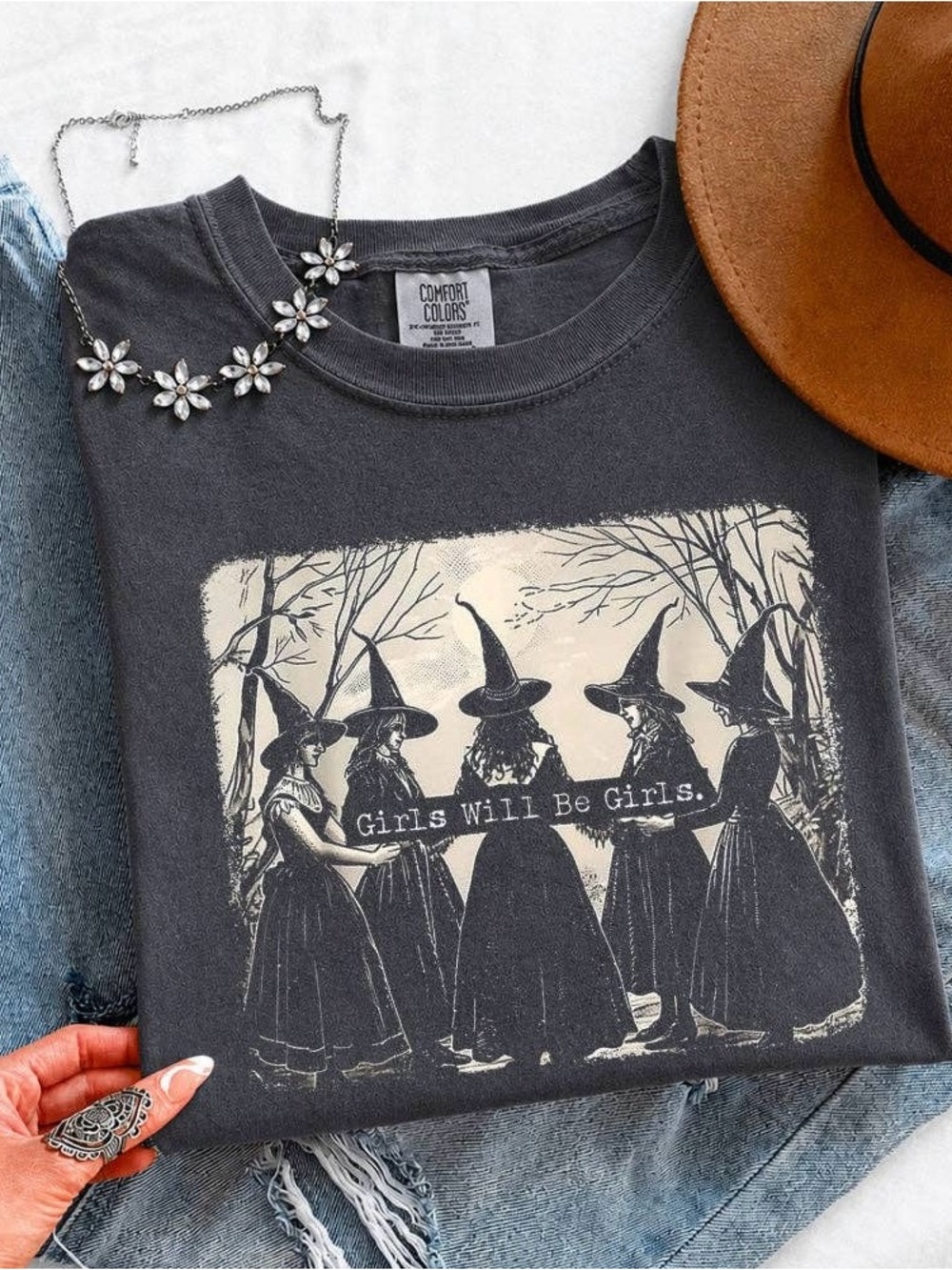Comfort Colors Girls Will Be Girls Witch Halloween Spook Season Graphic Tee